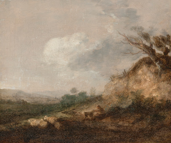 A shepherd and his dog in a landscape his flock resting by a dune in the foregro