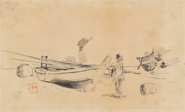 Two Japanese Fishing Boats On Shore 18671903