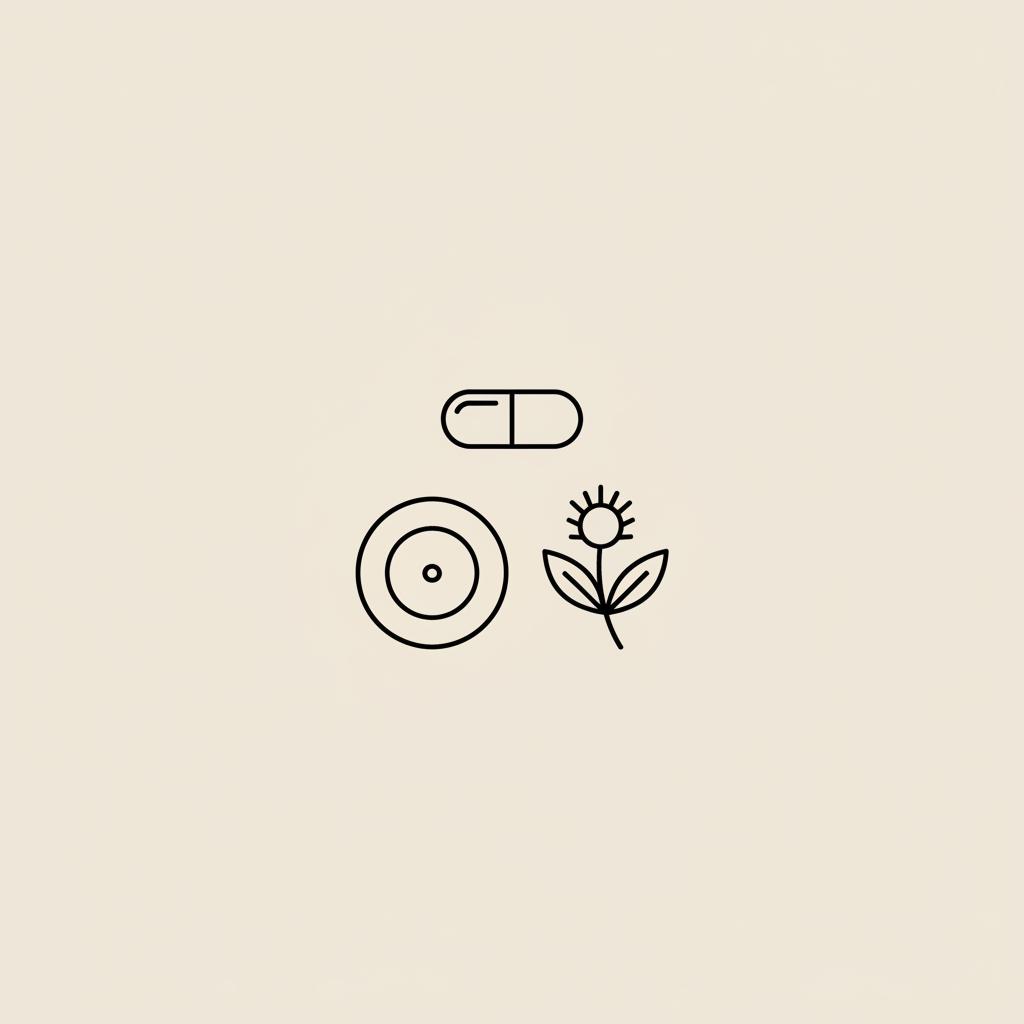 Minimal Tonum-style vector line illustration of a capsule, small plated portion and milk thistle sprig on beige background for over the counter diet supplements