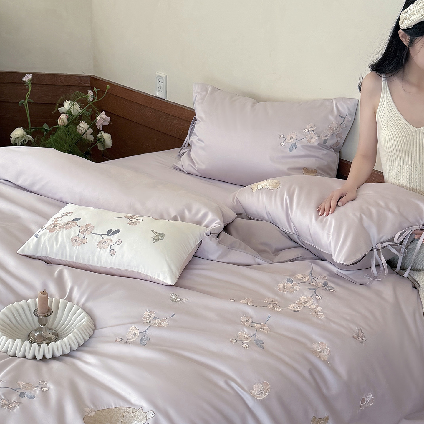 Cotton bedding set, 100s satin, embroidered