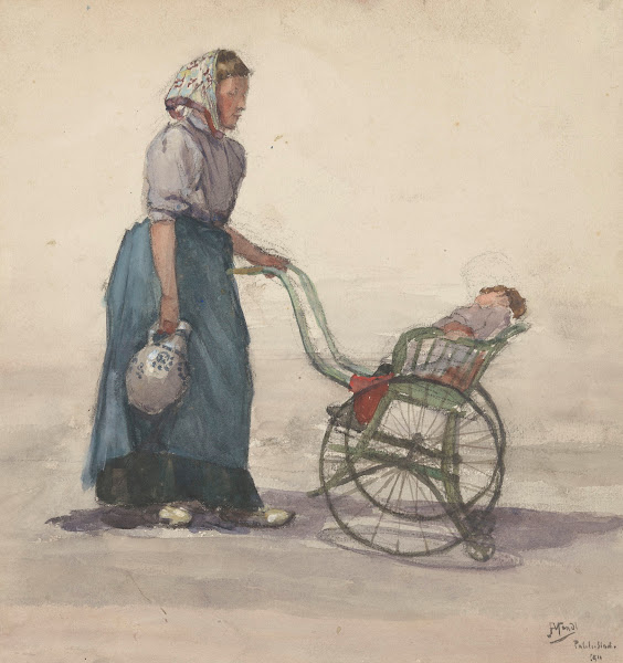 Vrouw met kruik en kinderwagen naar rechts 1914