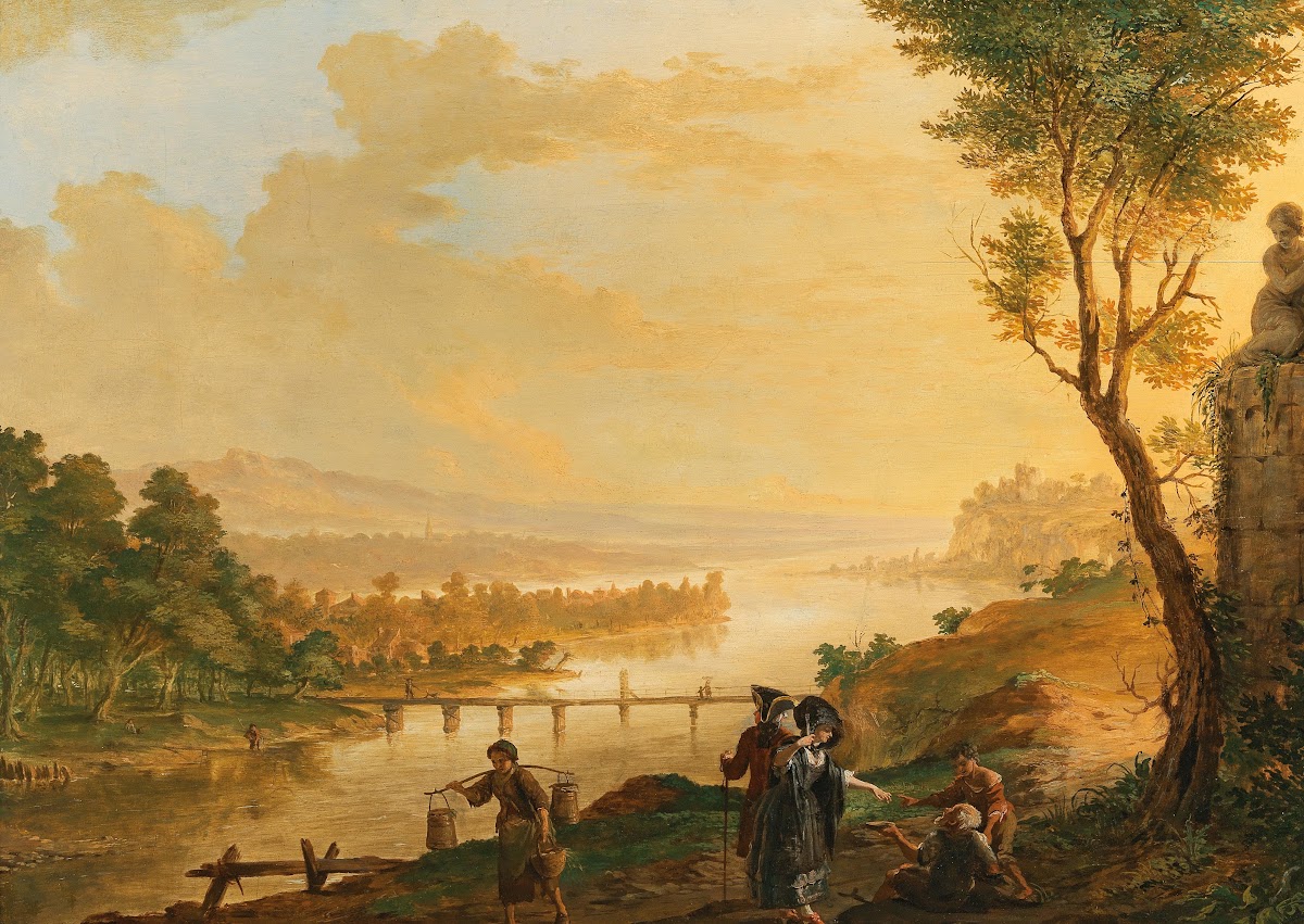 A river landscape at sunset