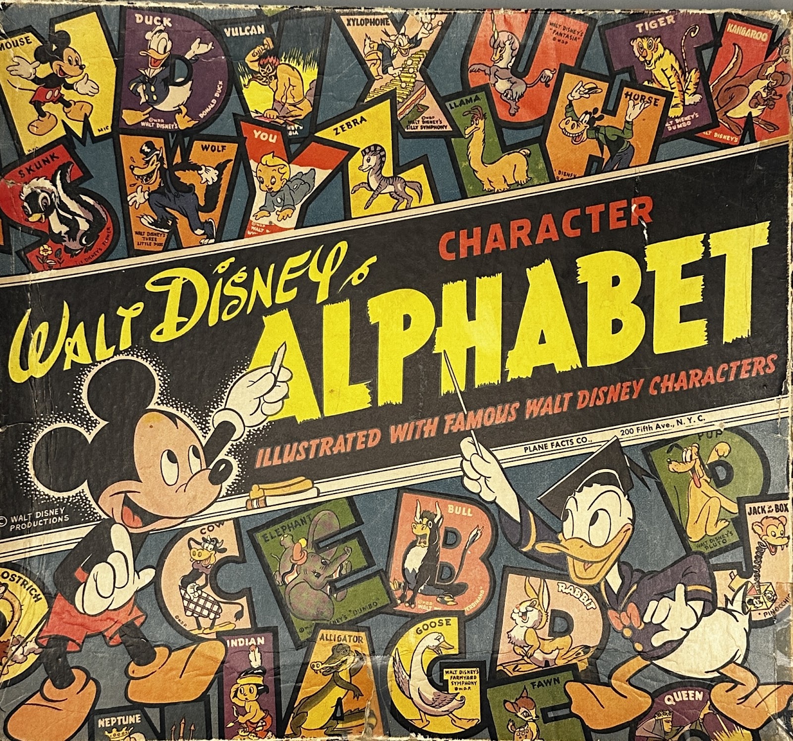 Walt Disney Character Alphabet by Plane Facts Co., a 1940s educational alphabet set pairing letters with Golden-Age Disney characters