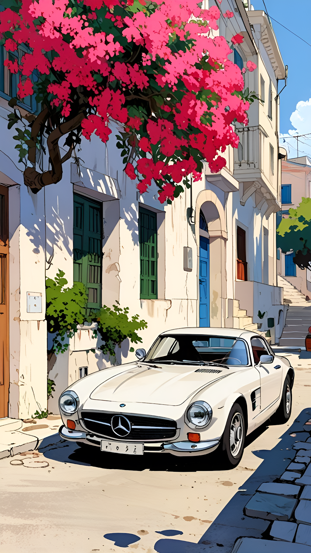 Vintage Mercedes-Benz Coupe in Mediterranean Alley Art - Free 4K mobile Wallpaper