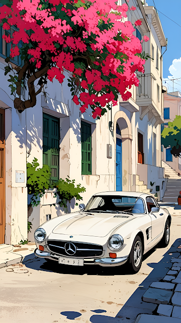 Vintage Mercedes-Benz Coupe in Mediterranean Alley Art - Free mobile Wallpaper