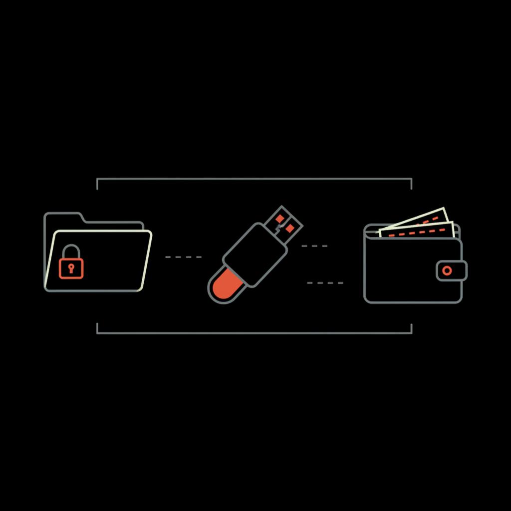 Flat vector infographic of a secure folder, hardware security key, and wallet with backup code slips on black background, conceptual Gmail account recovery illustration.