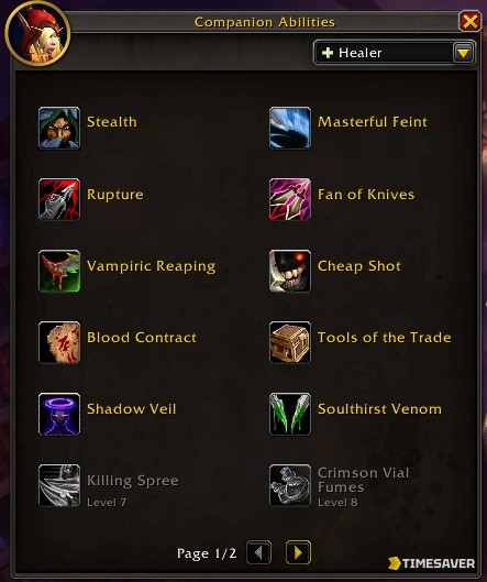 Valeera Sanguinar's companion ability panel set to the Healer role in WoW Midnight Delves