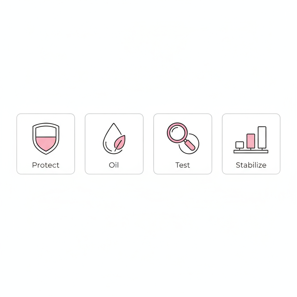 Minimalistische Vektor-Infografik mit 4 Icons (Schützen, Ölen, Testen, Stabilisieren) als Tipps gegen brüchige Fingernägel, weißer Hintergrund, Akzent #f57fb6