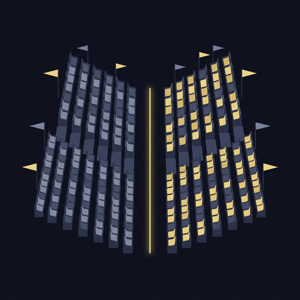 Minimalist 2D vector stadium top view with two opposing colored seating sections divided by a central aisle representing bulls prediction rivalry framing on a dark Funded Plays style background