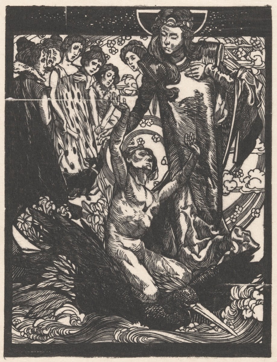 Vrouwenfiguren met man op rug van vogel