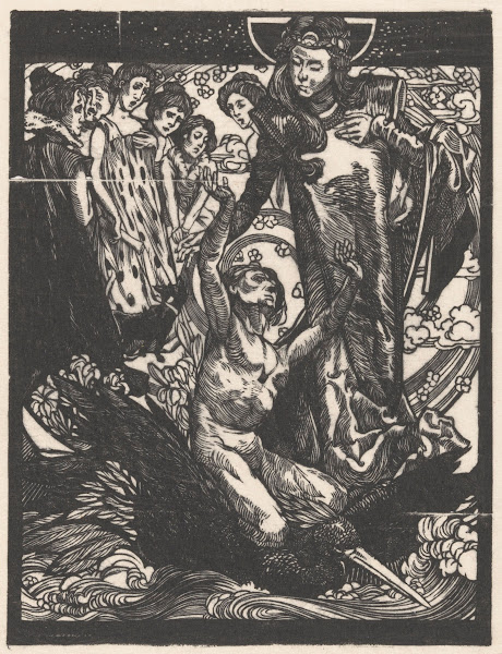 Vrouwenfiguren met man op rug van vogel