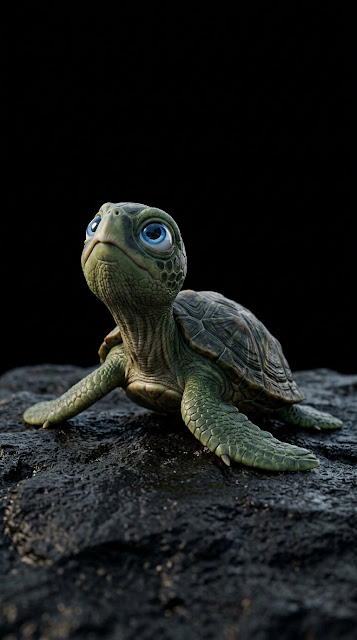 Cute Stylized 3D Green Sea Turtle Character with Large Blue Eyes - Free mobile Wallpaper