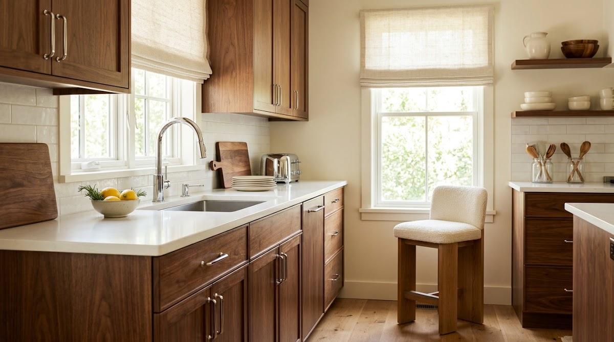How to Mix Chrome Kitchen Decor With Warm Wood Cabinets - chrome accents used in living room bedroom and dining room