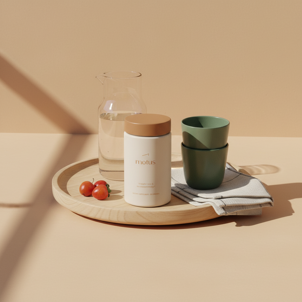 Minimalist kitchen still-life with Motus supplement jar beside a glass carafe and stacked ceramic glasses with berries, illustrating water and metabolism