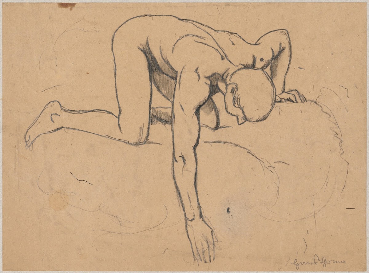 Study of a naked young man kneeling by a spring and reaching out for water with