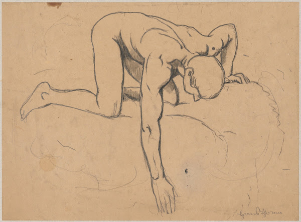 Study of a naked young man kneeling by a spring and reaching out for water with