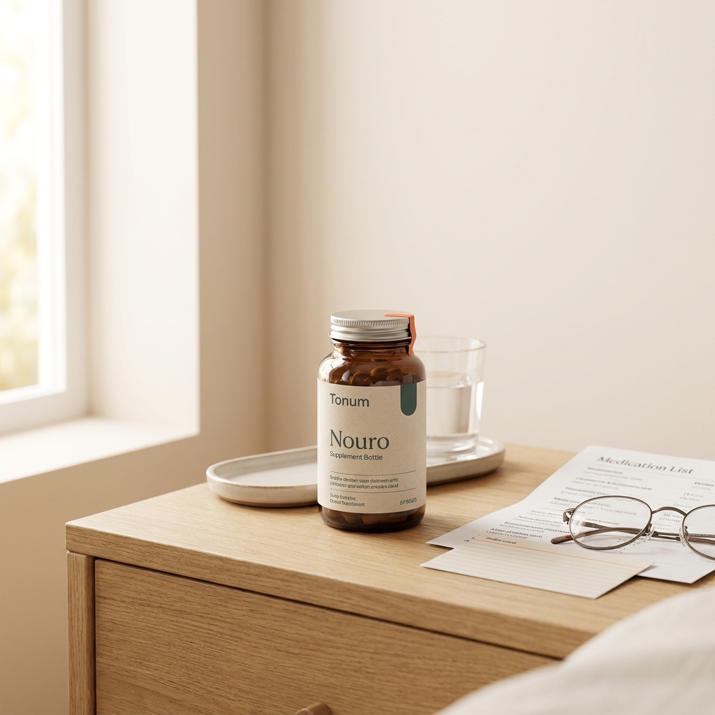 Nouro supplement bottle on bedside table with blurred medication list and reading glasses in a warm minimal clinical scene supporting mild cognitive impairment care
