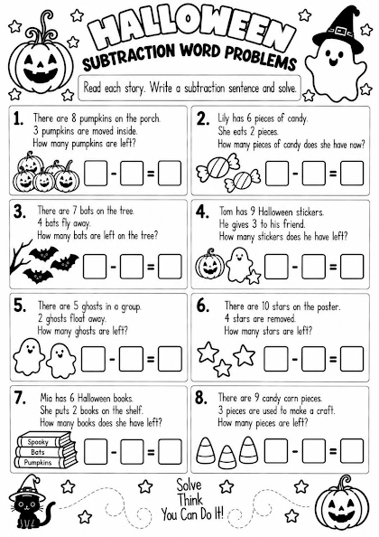 Halloween Subtraction Word Problems