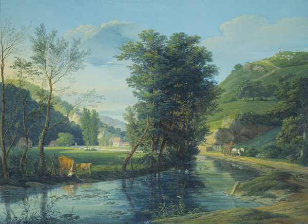 In einem Tal das ein Bach durchströmt mehrere zerstreute Häuser auf dem Wege ein