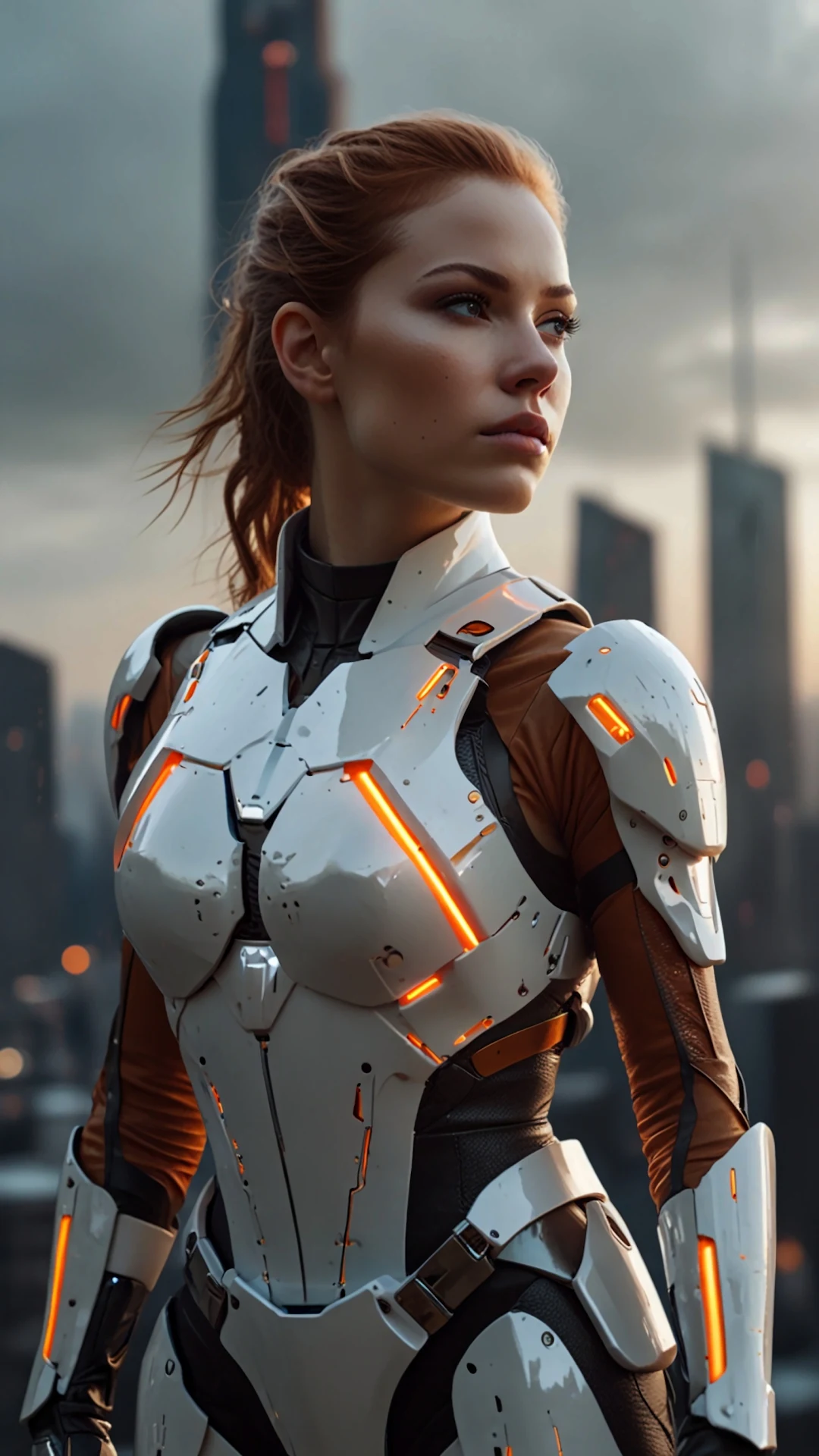 Female soldier in white and orange armored suit stands tall - Free 4K mobile Wallpaper