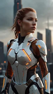 Female soldier in white and orange armored suit stands tall