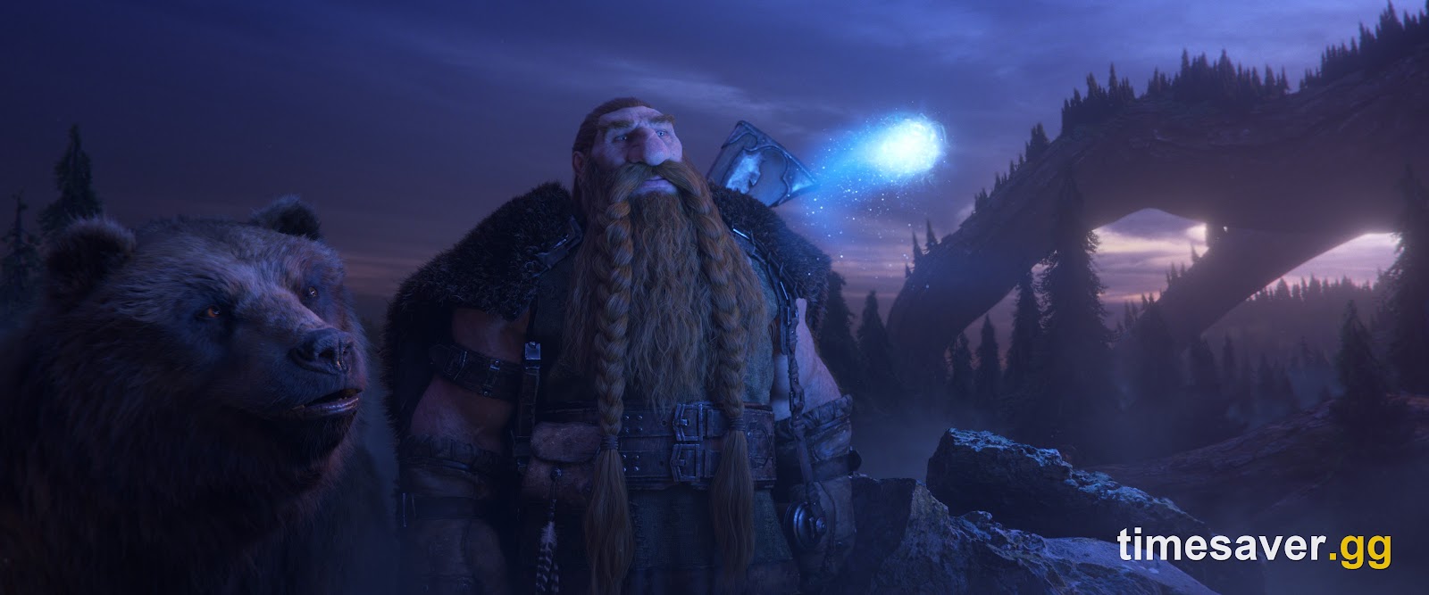 A dwarf hunter and their bear companion starting out at twilight in World of Warcraft Forever