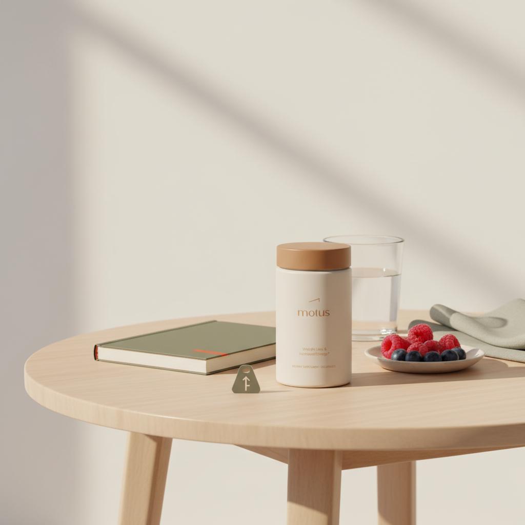 Motus supplement bottle on a round wooden table with a wellness journal, glass of water and berries in soft morning light, conveying best weight loss drug 2025 and everyday health routine.
