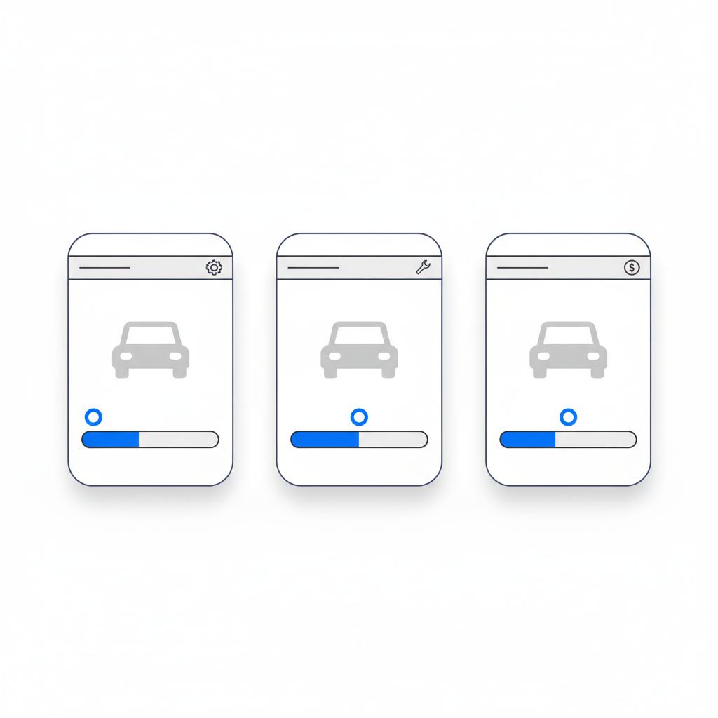 Minimalist 2D vector side by side screen mockup showing three estimator web pages with different visual value ranges for black book car value