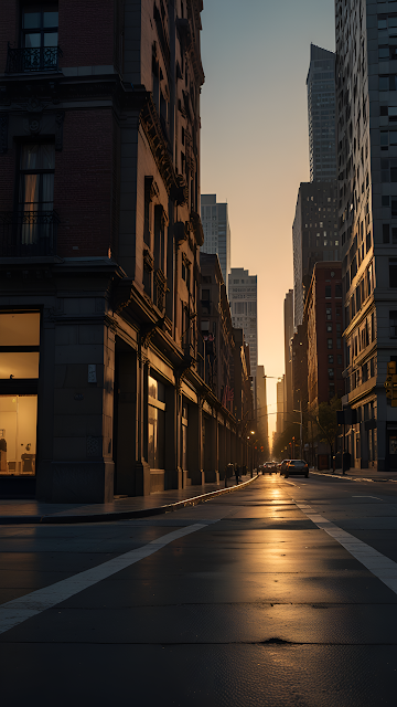 Golden Sunlight Reflection on Wet Manhattan Street - Free mobile Wallpaper