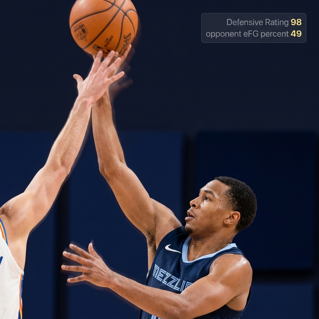 Close up action shot of a Memphis Grizzlies defender contesting a shot with a minimal transparent stat overlay showing Defensive Rating 98 and opponent eFG percent 49 for grizzlies prediction