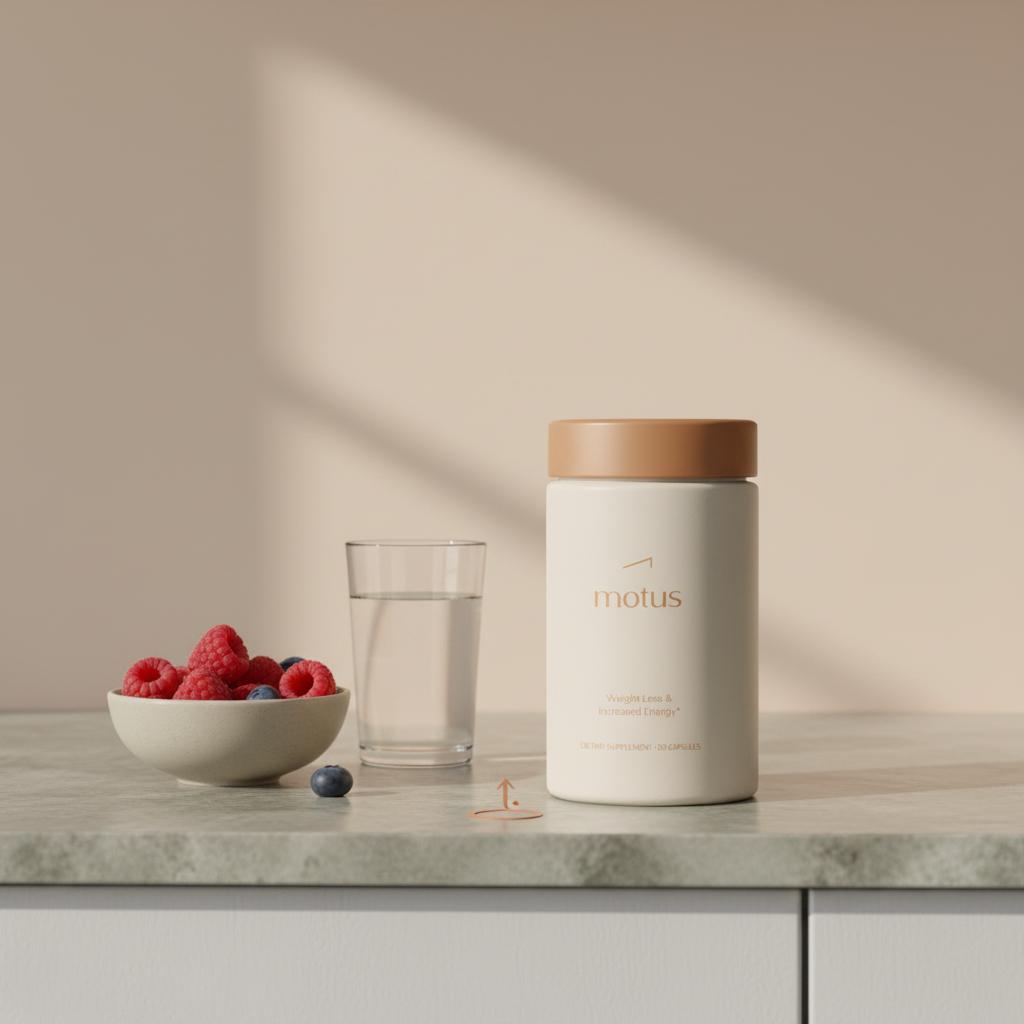 Motus supplement bottle on a minimalist Tonum kitchen counter beside berries and a glass of water, illustrating everyday use of appetite suppressant drugs.
