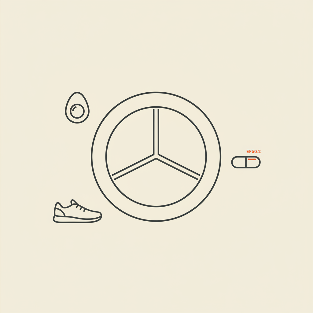 Minimalist vector icon of plate with balanced portions, capsule, egg and walking shoe on beige background — how to jump start weight loss after 50