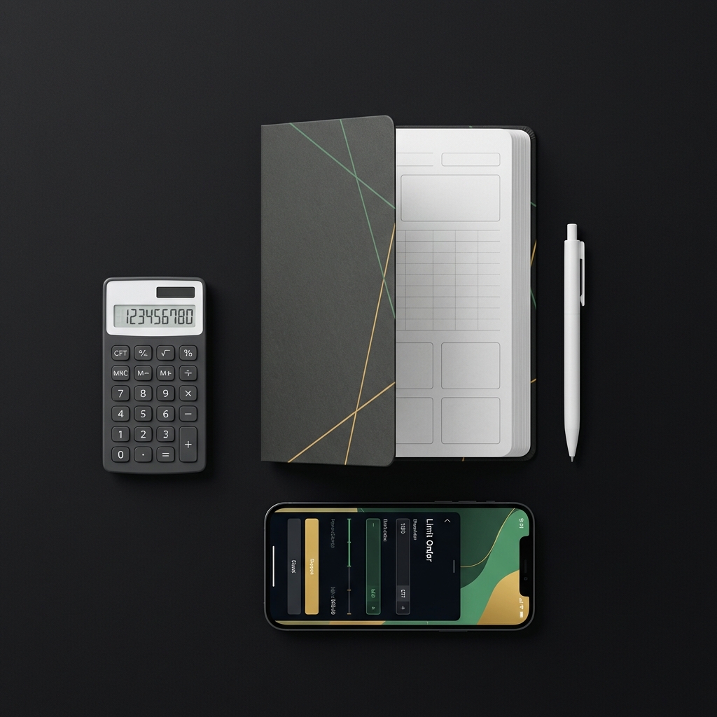 Minimalist top down view of a trading journal notebook pen calculator and smartphone showing a limit order screen to help users start trading with $100 on a dark brand background