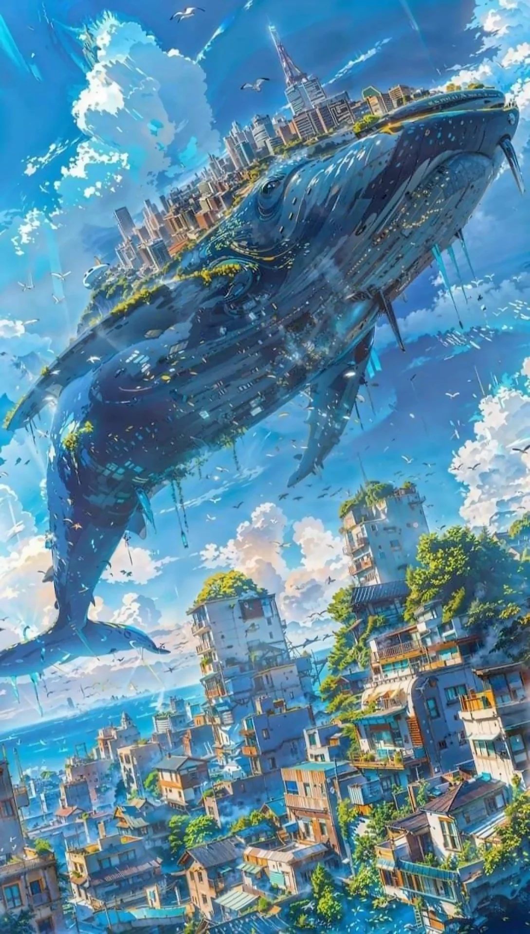 Flying Whale Cityscape Fantasy Digital Art Illustration - Free 4K mobile Wallpaper