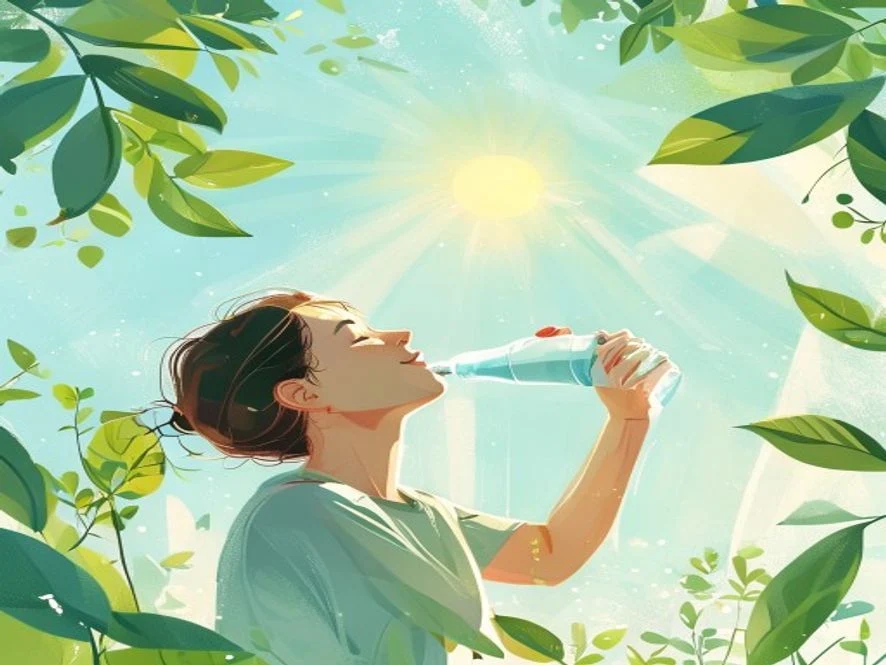 뜨거운 여름 햇볕 아래 시원하게 물을 마시며 갈증을 해소하는 사람의 모습