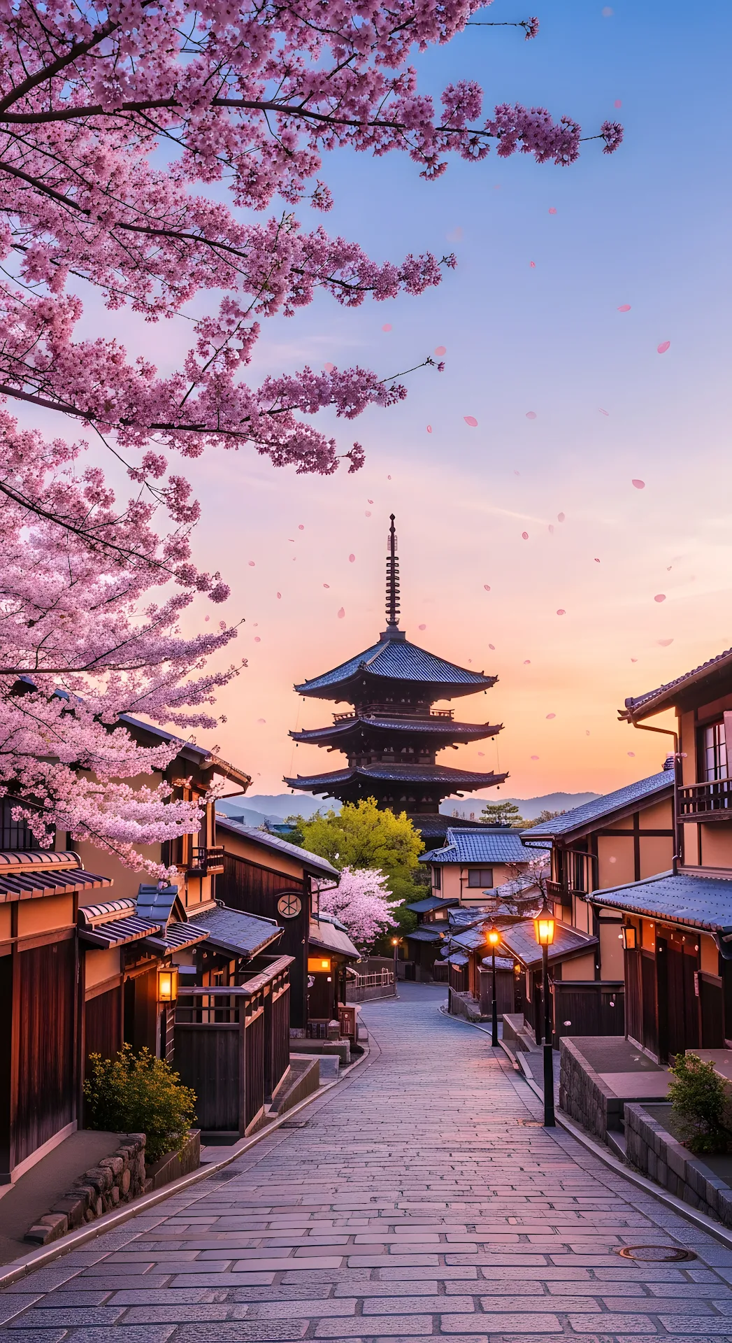 Iconic Japanese Pagoda Street View Cherry Blossom Sunset - Free 4K mobile Wallpaper