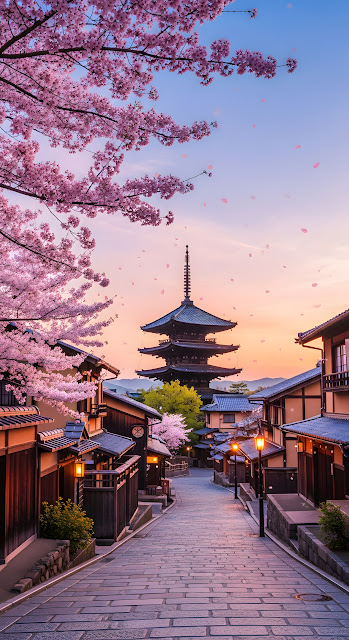 Iconic Japanese Pagoda Street View Cherry Blossom Sunset - Free mobile Wallpaper