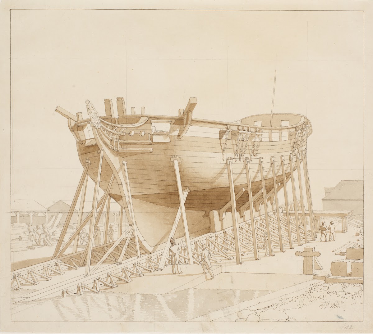 En Korvet på stablen Nyholm med spanteloftsbygningen i baggrunden 1828