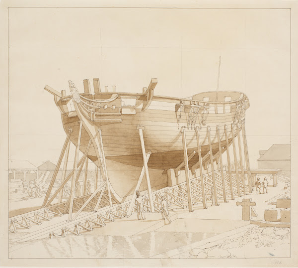 En Korvet på stablen Nyholm med spanteloftsbygningen i baggrunden 1828
