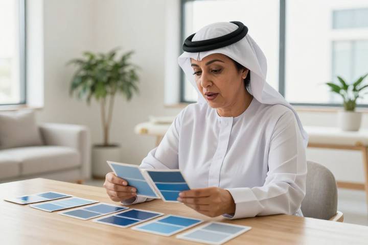 امرأة عربية تتأمل درجات الألوان في استوديو حديث