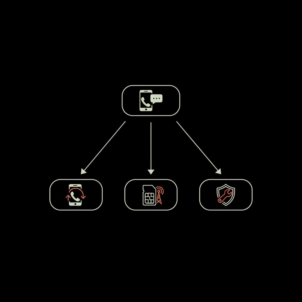 Minimal vector flowchart showing old device, SIM issue, reassigned number leading to carrier or support icons to recover WhatsApp Business without old number