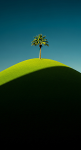 Minimalist Palm Tree Silhouette on Vivid Green Geometric Hill