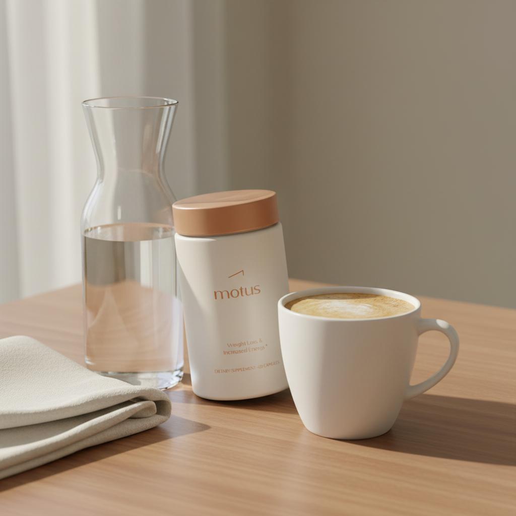 Frothed coffee in a mug on a wooden table with Tonum Motus supplement container and glass carafe; what is in the coffee loophole drink