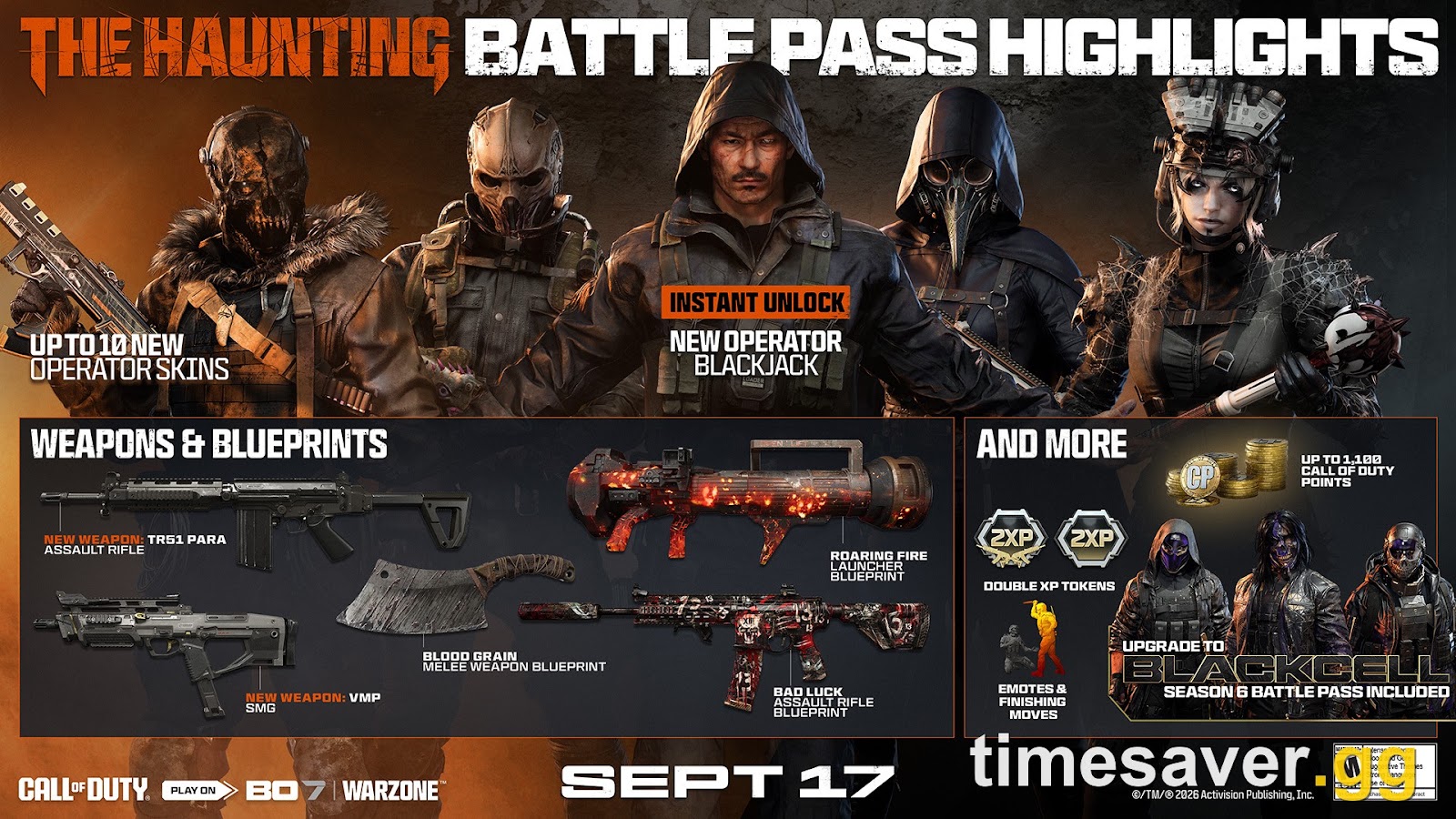 The Haunting Battle Pass Highlights infographic showing Blackjack, the TR51 Para and VMP, Double XP tokens and up to 1,100 COD Points