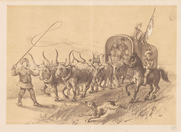 Menukaart met ossenspan en huifkar in or before 1890