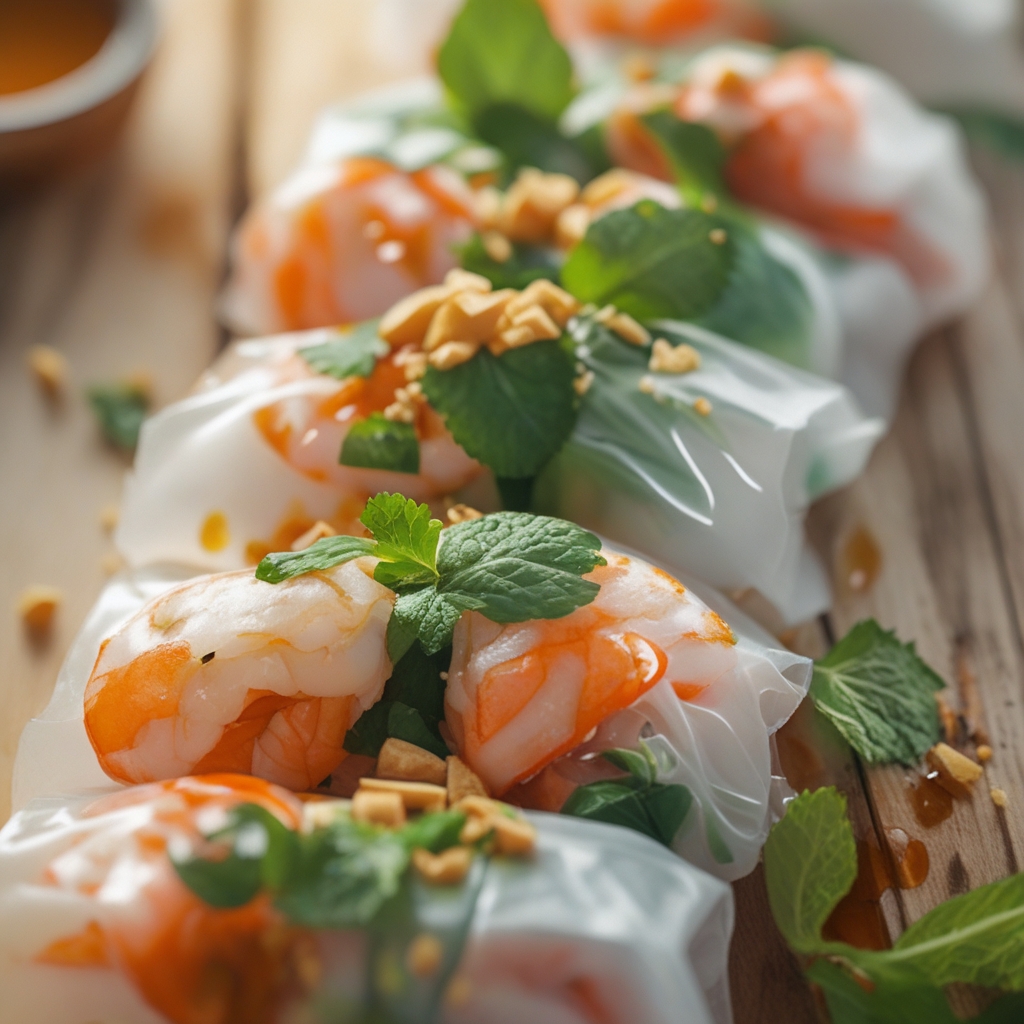 Crispy Shrimp & Peanut Rice Paper Rolls with Tamarind Ginger Dipping Sauce