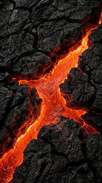 Abstract Molten Lava Cracks in Dark Volcanic Rock - Free mobile Wallpaper