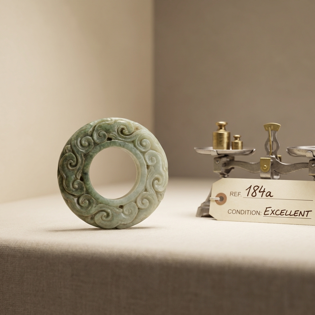 Close up of carved motif on an ancient jade ring bezel beside a jeweler scale and a numbered condition tag on a warm ivory background