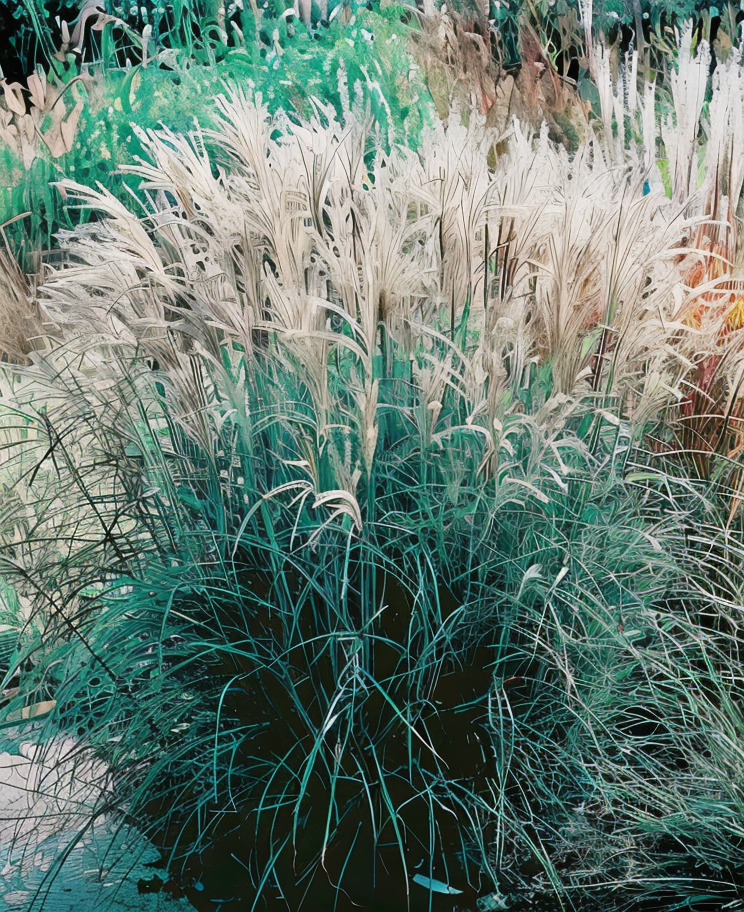 Miscanthus sinensis 'Adagio' in piena fioritura con spighe argentate che danzano al vento