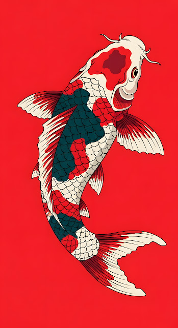 Traditional Japanese Koi Fish Illustration Red Background - Free mobile Wallpaper